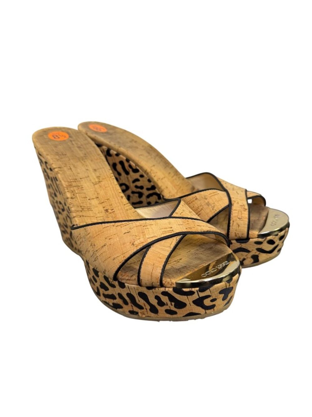 Jimmy Choo Cork Leopard Print Wedge Sandals Tan & Black Size 8.5